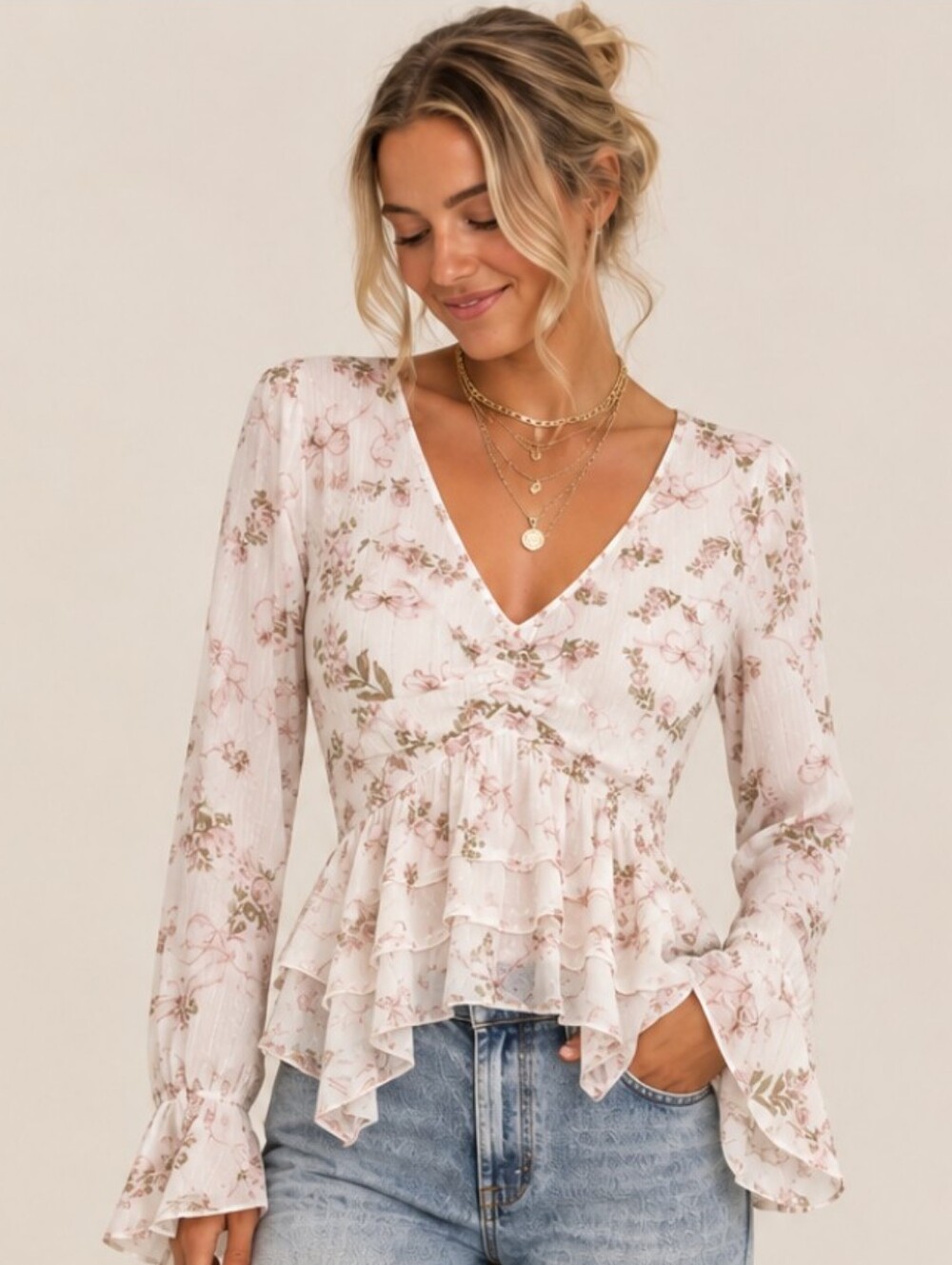 Self Esteem Floral Ruffle Peplum Blouse Medium NWT Cottagecore Boho